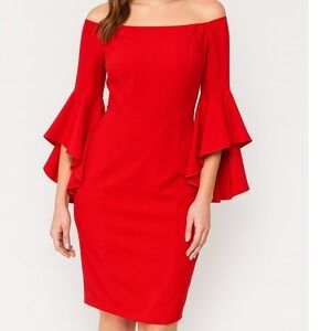 Venus Red Off Shoulder Bell Sleeve Bodycon Mini Dress Size 2